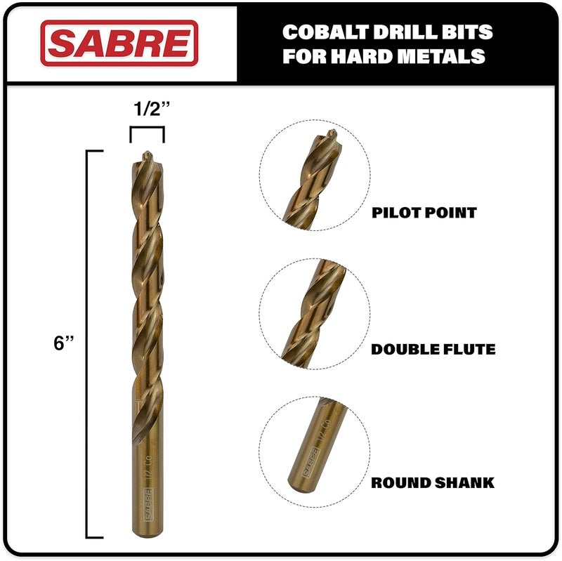 Sabre Tools 1/2 Inch Cobalt Drill Bits 5pcs Heavy-Duty Drill Bits for Steel, Hard Metal, Cast Iron (1/2" x 6") - Image 2